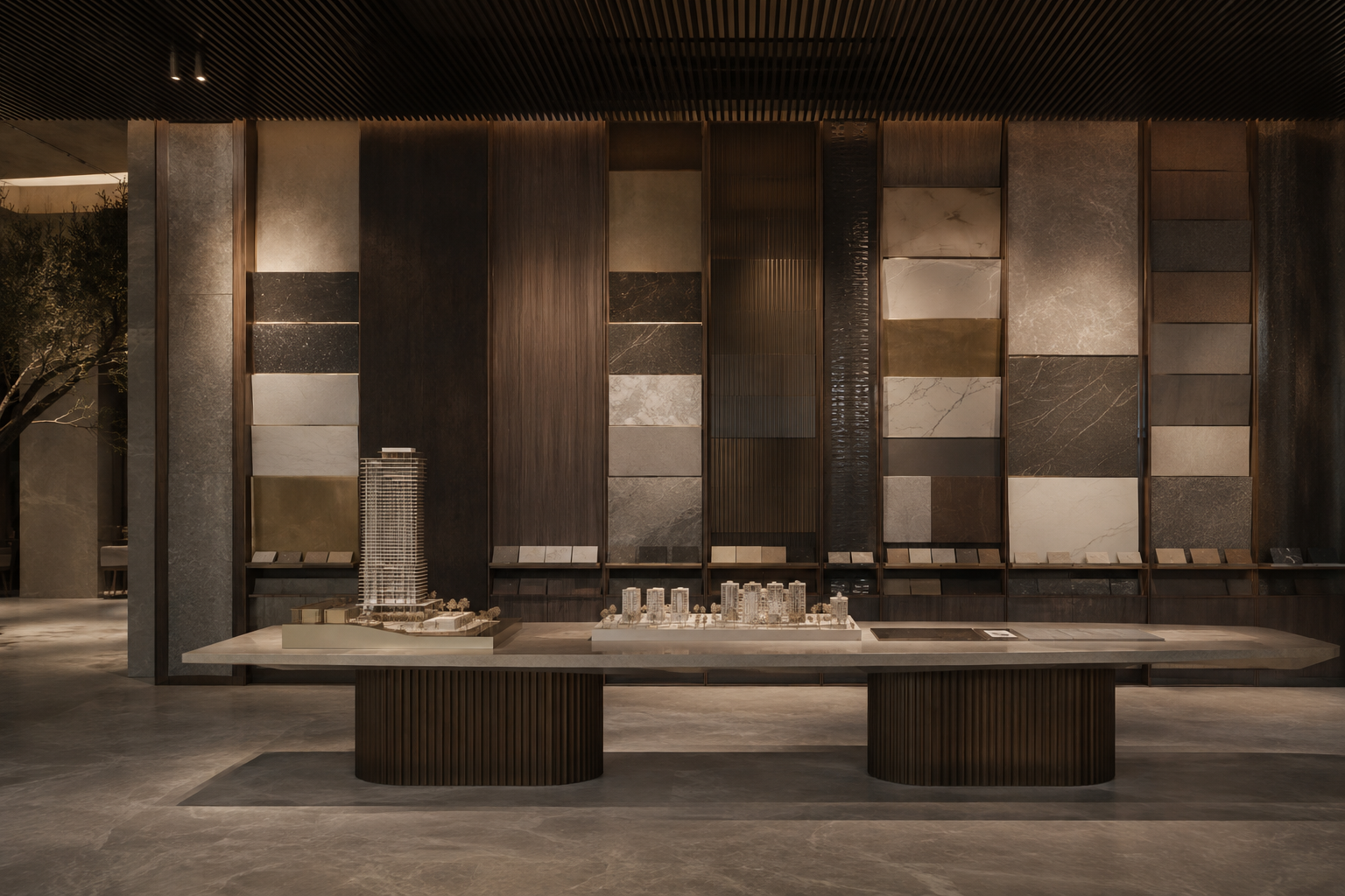 A monumental material library with stone, timber and bronze samples