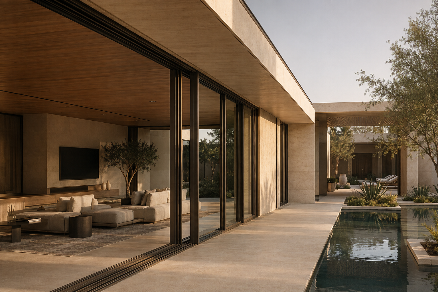 Slim-frame aluminium sliding doors opening a contemporary Dubai villa to a landscaped courtyard