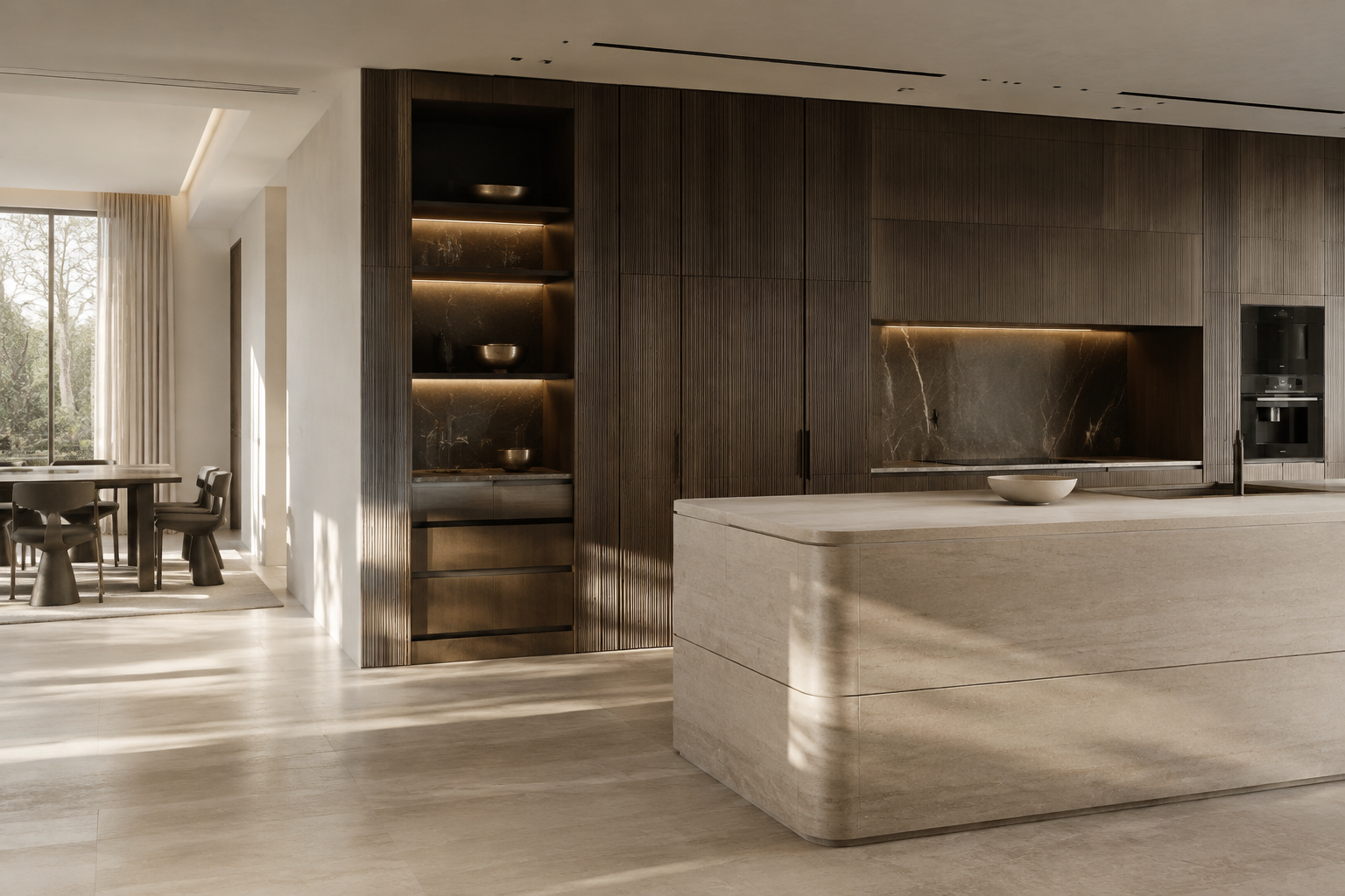 Concept study of a bespoke stone and dark timber kitchen