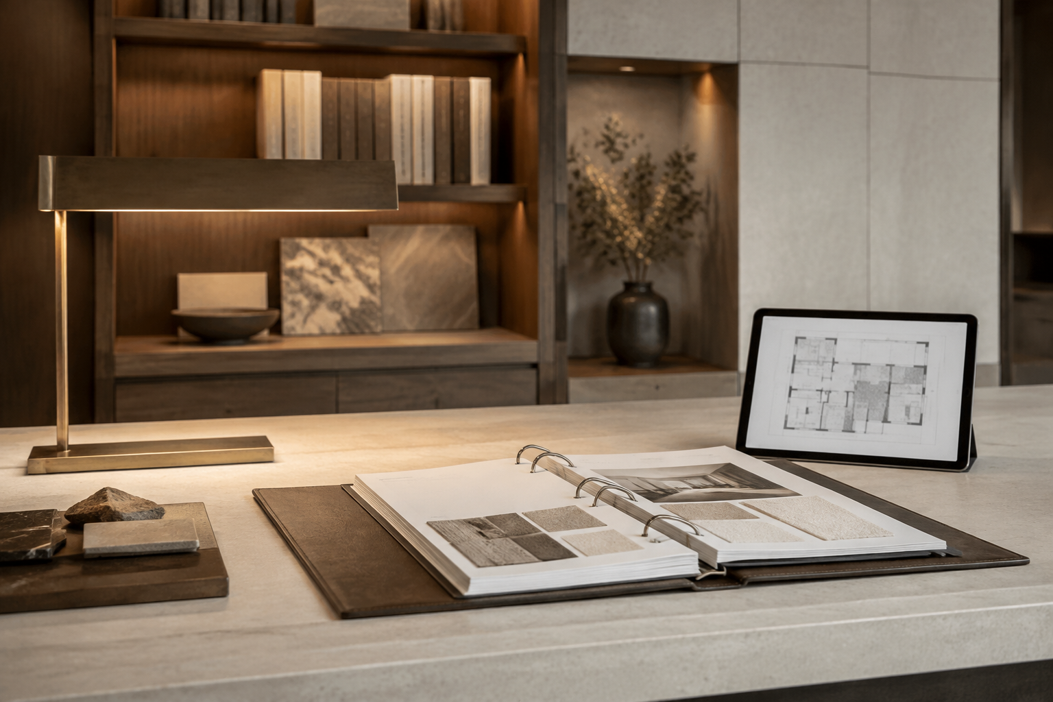 A project care desk with samples, drawings and a digital project record