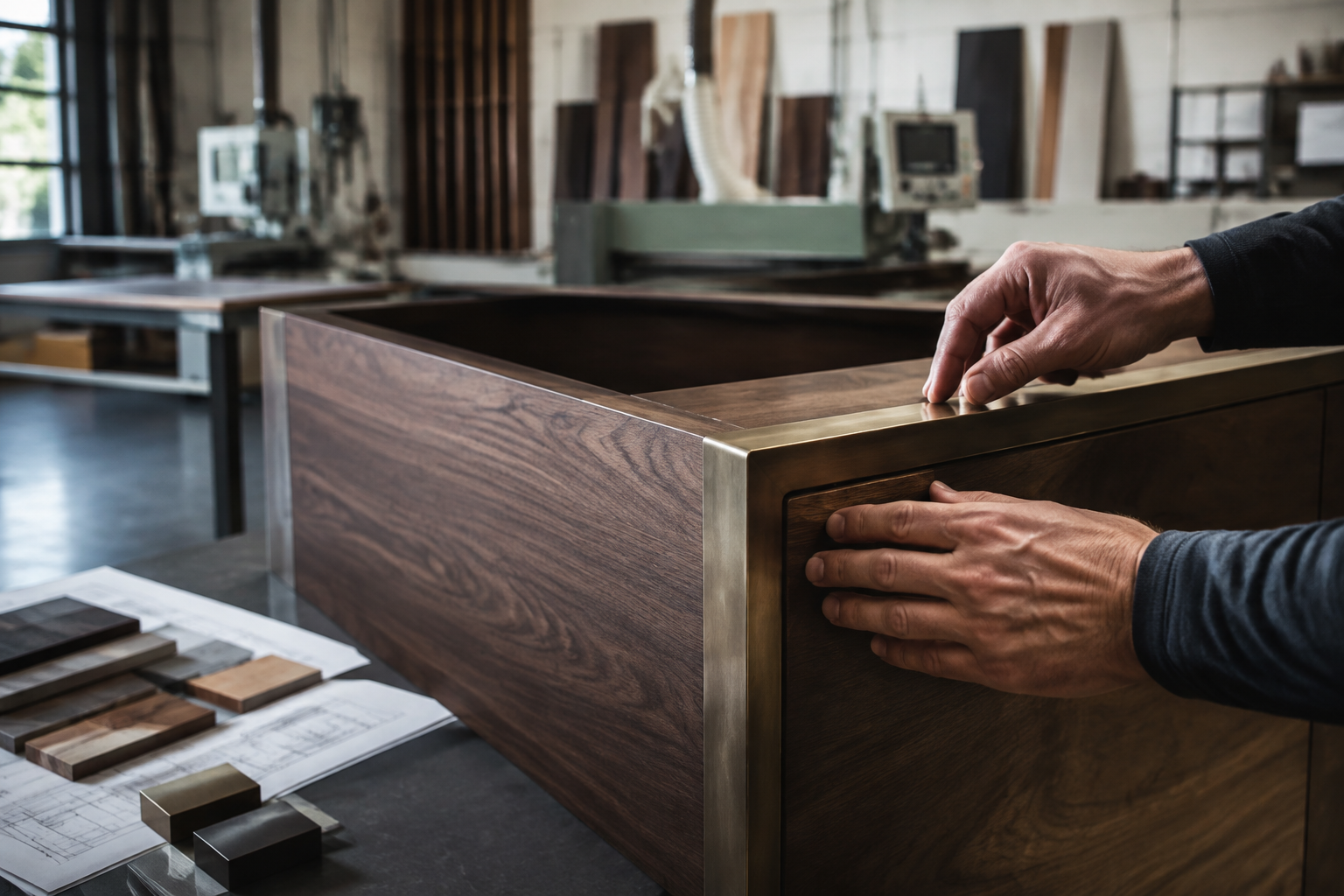 Concept study of a bespoke walnut and bronze joinery detail being inspected in a workshop