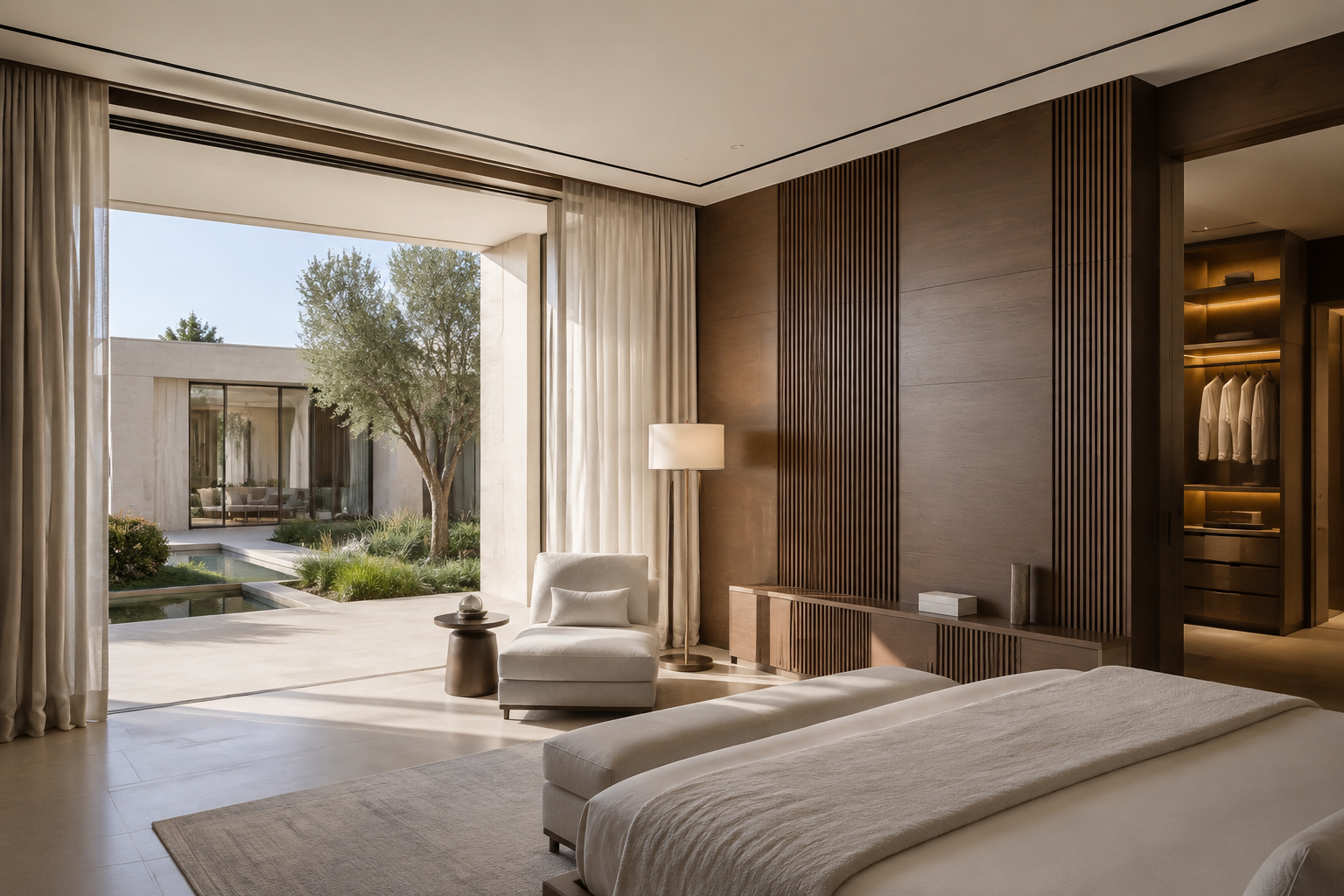 A serene private suite with bespoke dressing room and courtyard