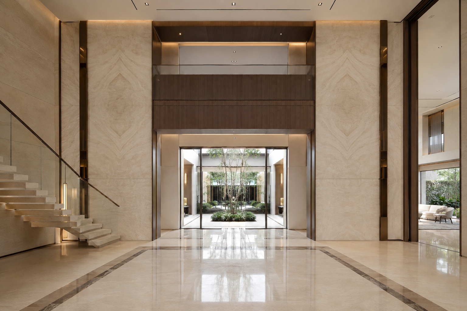 A monumental double-height entrance gallery in a contemporary villa