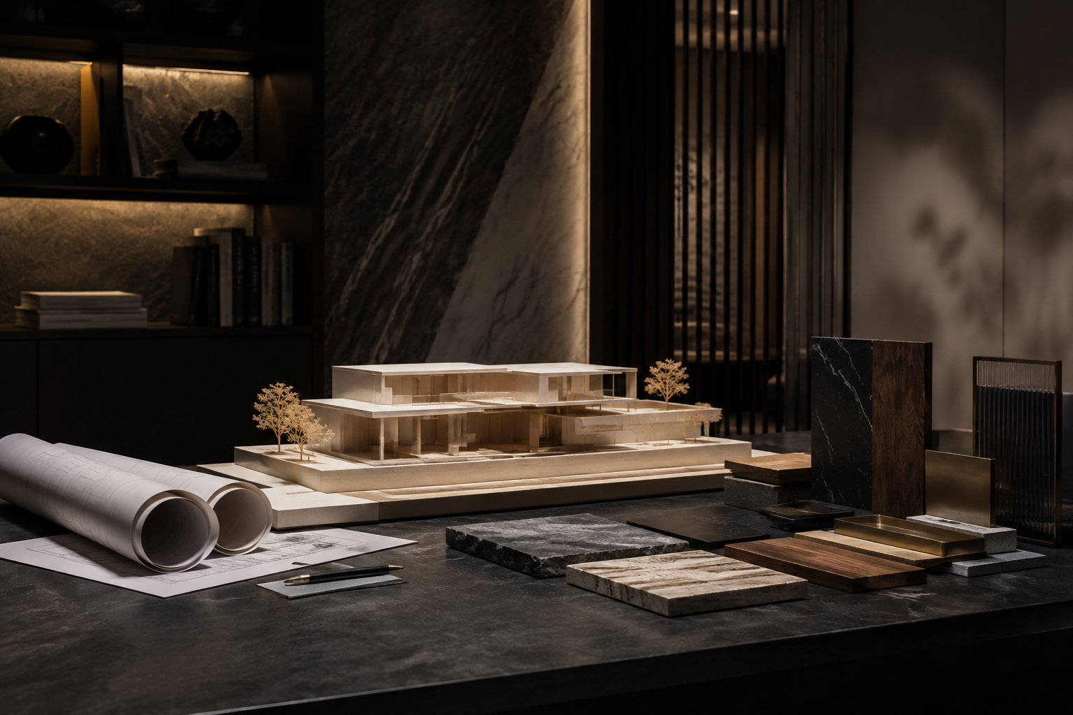 Architectural drawings, a scale model and materials arranged for project registration