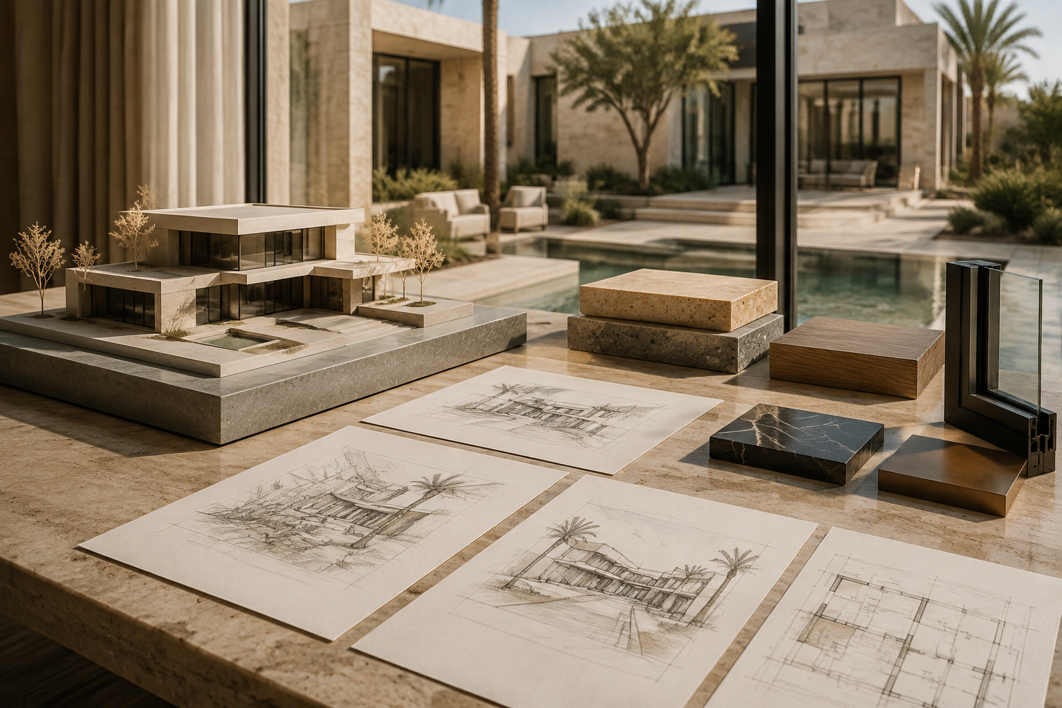 A project briefing table with villa model, drawings and material samples
