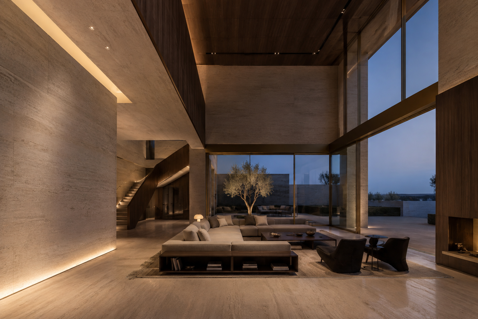 Architectural concept of a travertine courtyard residence at dusk