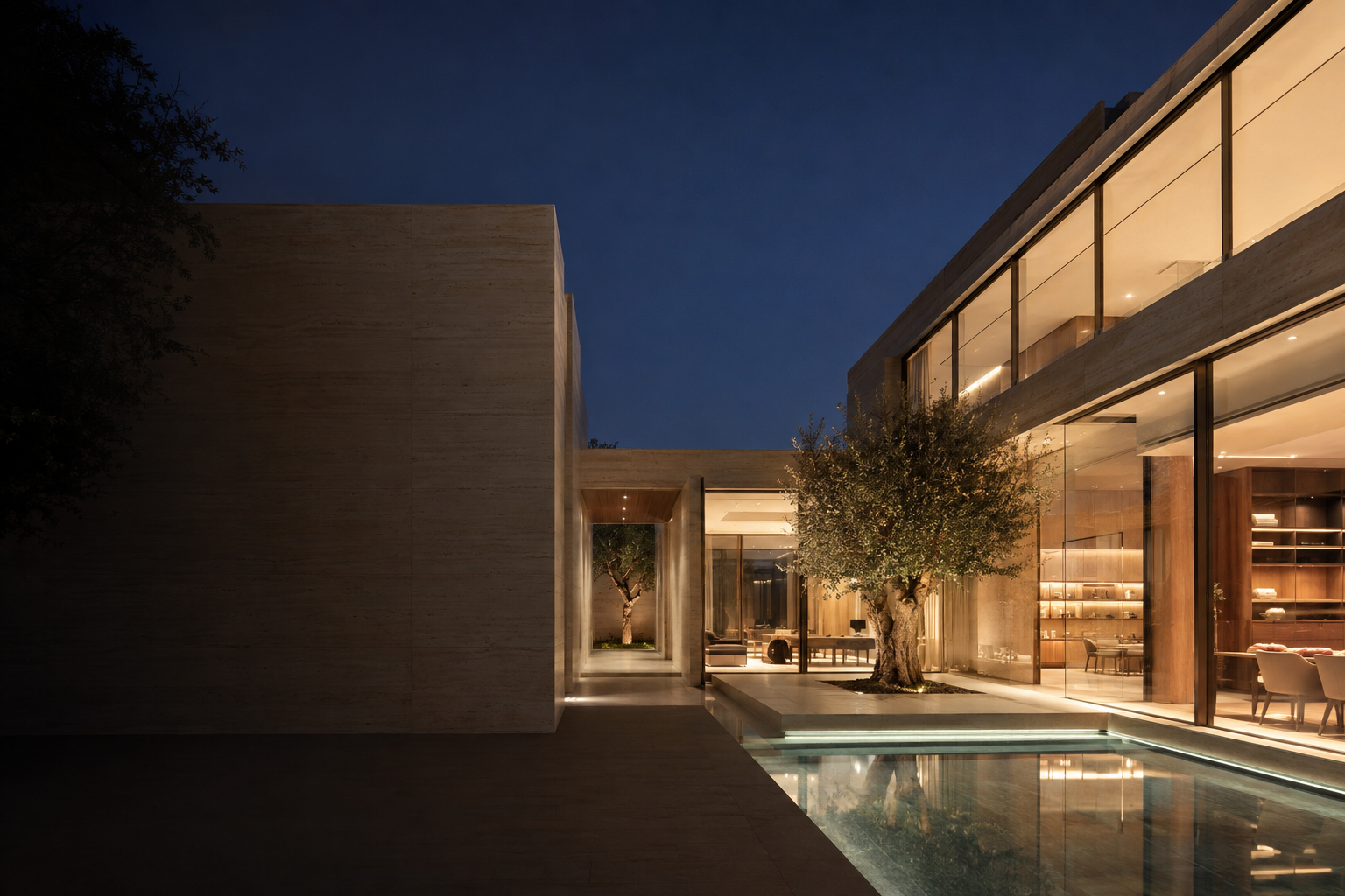 AI-generated courtyard residence design study with travertine, warm glazing and a reflecting pool