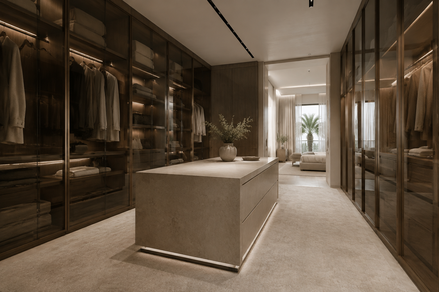 A bespoke walk-in wardrobe with smoked glass and warm timber